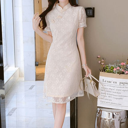 Traditional Chinese Short-Sleeve Stand Collar Contrast Trim Frog Buttoned Lace A-Line Dress SpreePicky