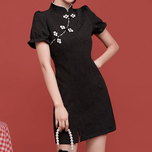 Traditional Chinese Short-Sleeve Stand Collar Faux Pearl Accent Frog Buttoned Slit Mini A-Line Dress SpreePicky