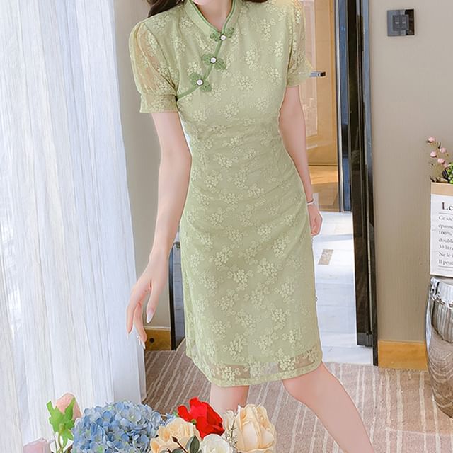 Traditional Chinese Short-Sleeve Stand Collar Contrast Trim Frog Buttoned Lace A-Line Dress SpreePicky