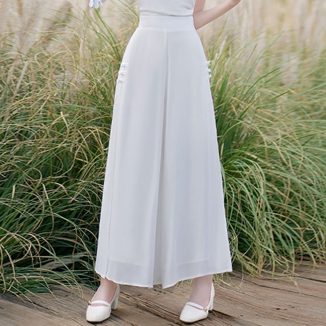 Traditional Chinese Short-Sleeve Stand Collar Plain Cutout Frog Buttoned Top / High Waist Cropped Culottes / Set SpreePicky