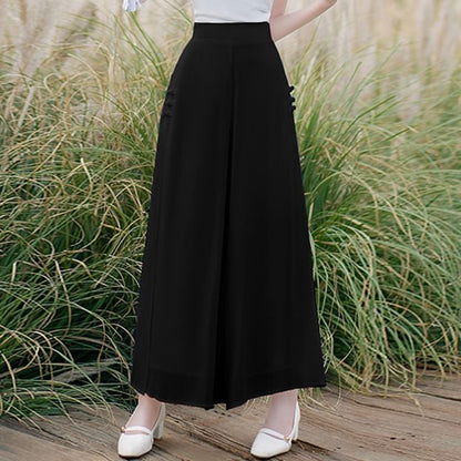 Traditional Chinese Short-Sleeve Stand Collar Plain Cutout Frog Buttoned Top / High Waist Cropped Culottes / Set SpreePicky