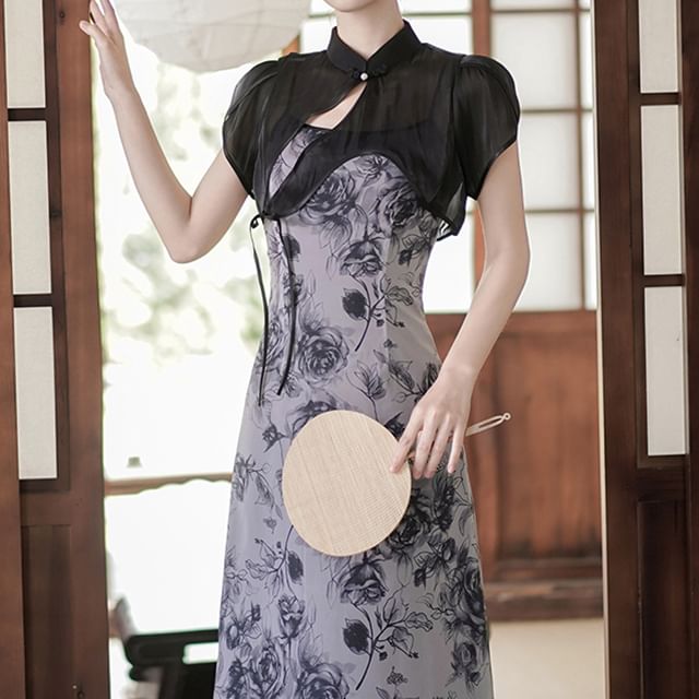 Traditional Chinese Set: Spaghetti Strap Scoop Neck Floral Print Midi A-Line Dress + Short-Sleeve Stand Collar Plain Asymmetrical Cutout Frog Buttoned Shrug SpreePicky