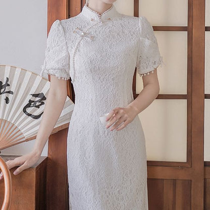 Traditional Chinese Short-Sleeve Plain Faux Pearl Fringed Frog Buttoned Slit Lace Midi Sheath Qipao SpreePicky