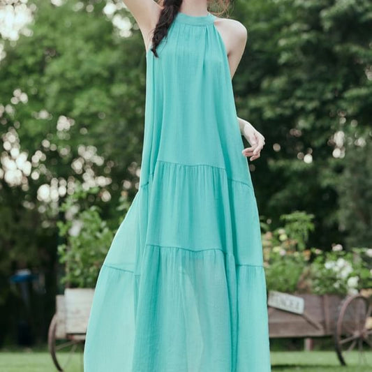 Sleeveless Crew Neck Plain Tiered Maxi A SpreePicky