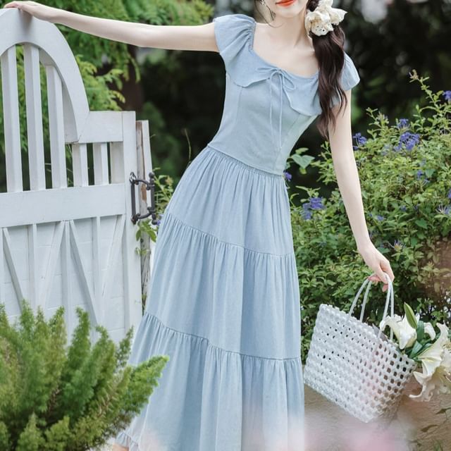 Set: Cap Sleeve Square Neck Plain Bow Ruffle Top + Elastic Waist Tiered Frill Maxi A SpreePicky