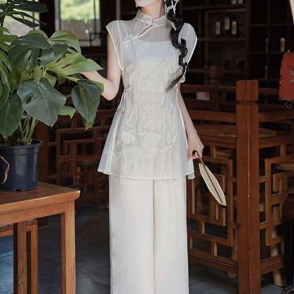 Set: Sleeveless Mandarin Collar Embroidered Top + Camisole Top + High Waist Plain Wide Leg Pants SpreePicky