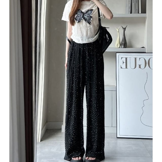 High Rise Glitter Torn Wide Leg Sweatpants SpreePicky