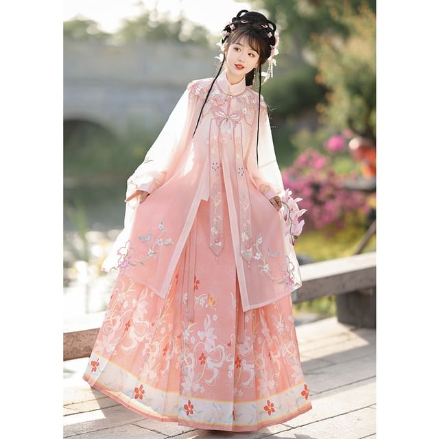 Flower Hanfu Jacket / Camisole Top / Maxi Skirt / Scarf / Set SpreePicky