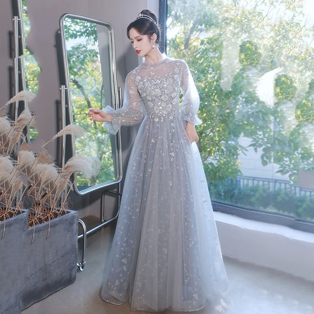 Puff-Sleeve Flower Embroidered Sequin A-Line Evening Gown SpreePicky