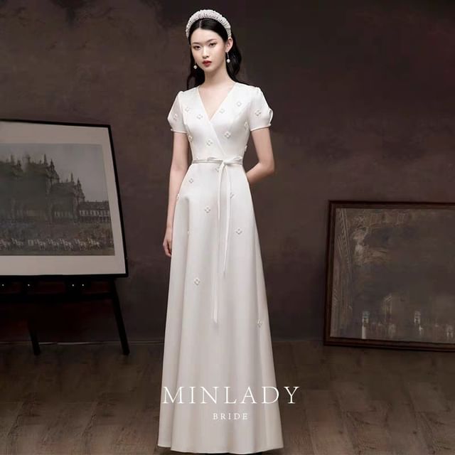 Short-Sleeve V-Neck Plain Faux Pearl A-Line Evening Gown SpreePicky