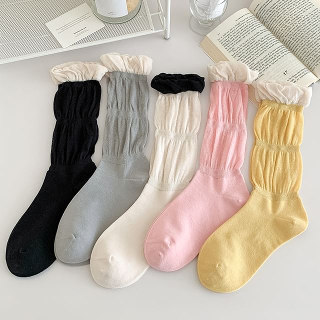 Contrast Frill Trim Mid-Calf Socks SpreePicky