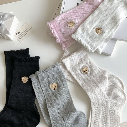 Bear Embroidered Frill Trim Socks SpreePicky