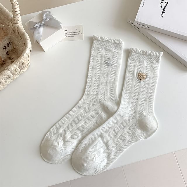 Bear Embroidered Frill Trim Socks SpreePicky