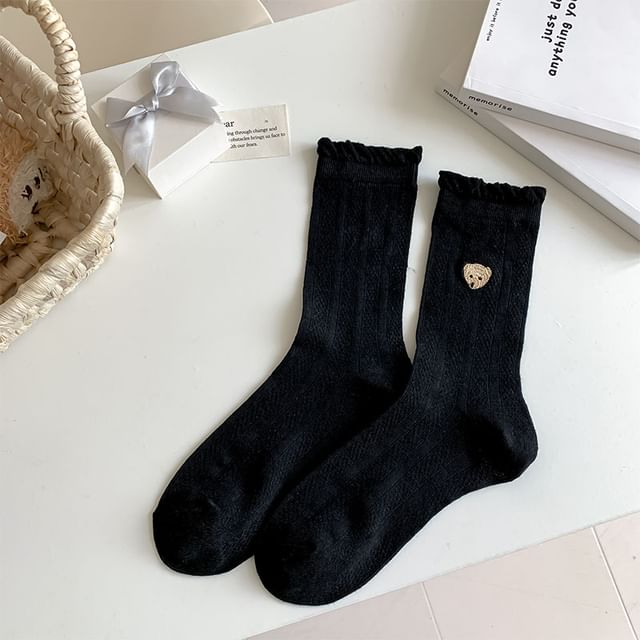 Bear Embroidered Frill Trim Socks SpreePicky