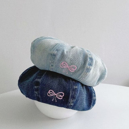 Bow Embroidered Washed Denim Beret SpreePicky