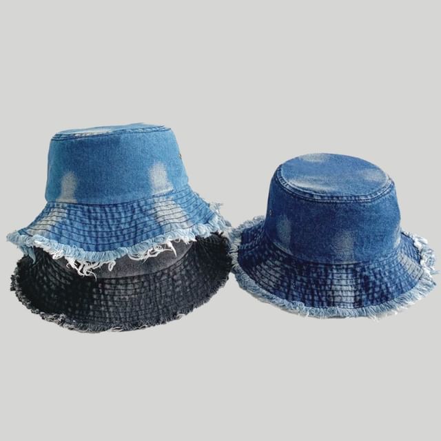 Washed Fray Denim Bucket Hat SpreePicky