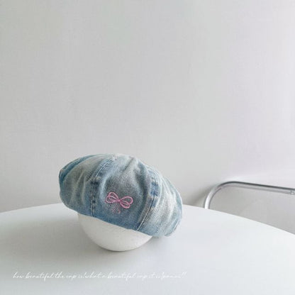 Bow Embroidered Washed Denim Beret SpreePicky