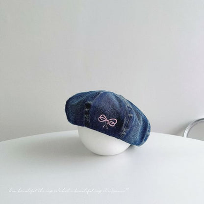 Bow Embroidered Washed Denim Beret SpreePicky