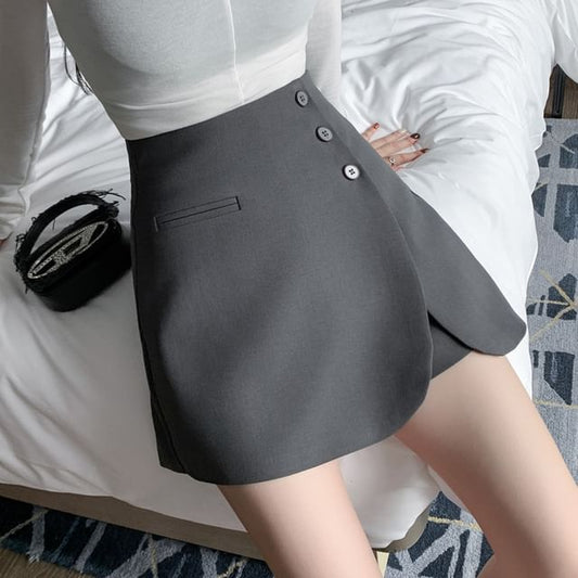 High Waist Plain Asymmetrical Button Front Skort SpreePicky