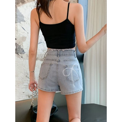 High Waist Ribbon Print Denim Shorts mySite