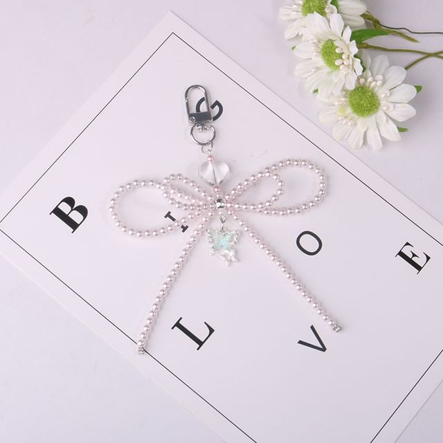 Bow Faux Pearl Resin Bag Charm Keyring Phone SpreePicky