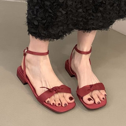 Square-Toe Bow Low Heel Sandals SpreePicky