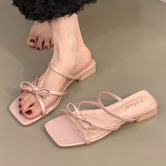 Square-Toe Bow Slide Sandals SpreePicky