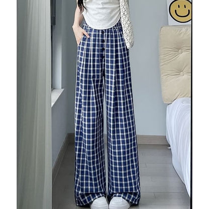 Button Applique High Rise Elastic Waist Plaid Wide Leg Pants SpreePicky