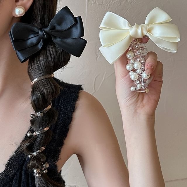 Bow Fabric Faux Pearl Coil Hair Tie SpreePicky