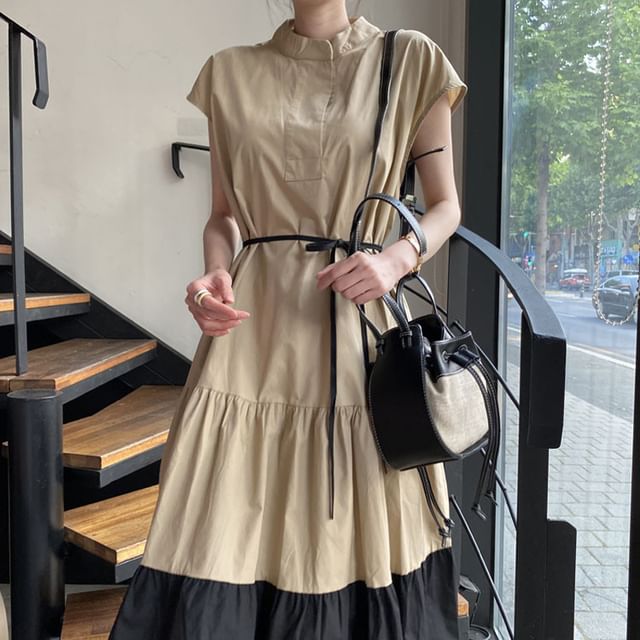 Short-Sleeve Band Collar Two Tone Tiered Midi A-Line Dress SpreePicky