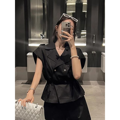 Short-Sleeve Notch Lapel Plain Peplum Double-Breasted Jacket SpreePicky