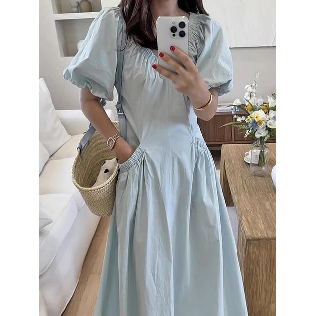 Short-Sleeve V-Neck Plain Midi A-Line Dress SpreePicky