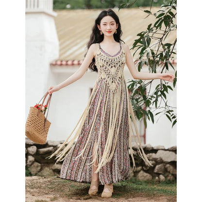 Plain Crochet Knit Midi Pinafore Dress / Spaghetti Strap Patterned Maxi Sundress / Set SpreePicky