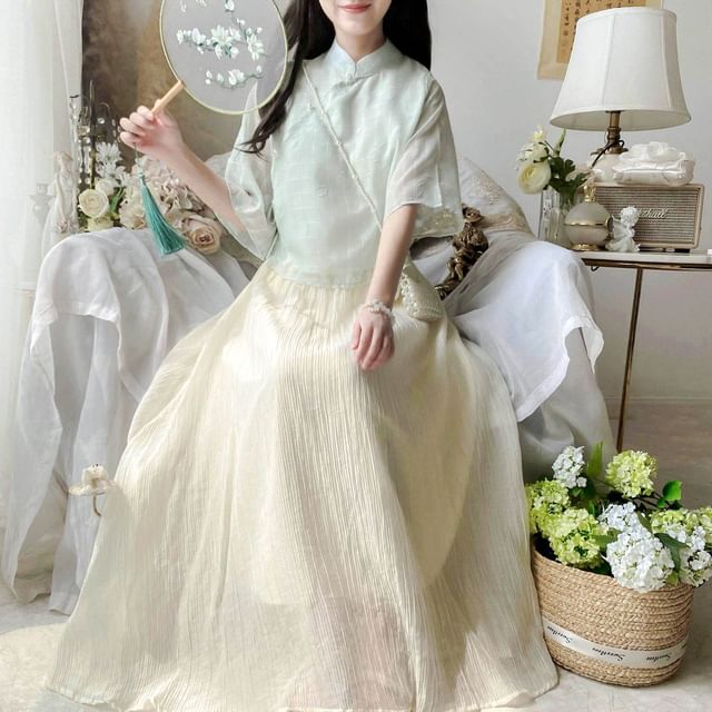 Set: Elbow-Sleeve Plaid Hanfu Blouse + High Waist Plain Maxi A-Line Skirt mySite