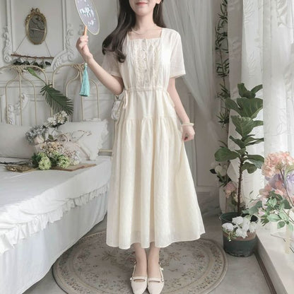 Short-Sleeve Square Neck Plain Lace Trim Midi A-Line Dress mySite