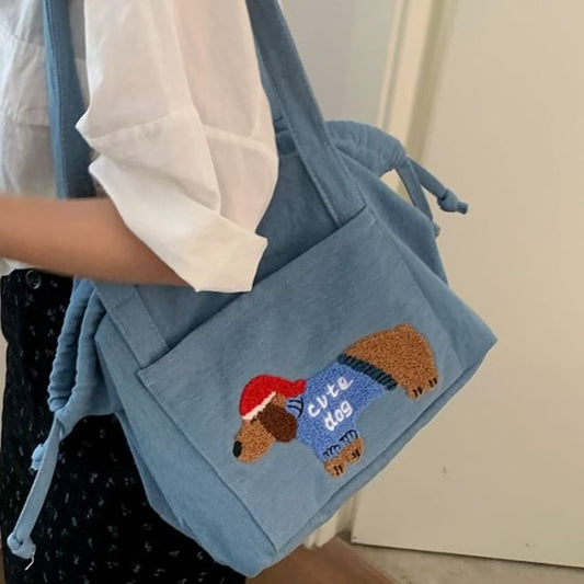 Dog Applique Drawstring Denim Tote Bag SpreePicky