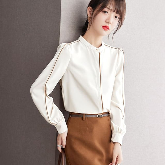 Stand Collar Piping Trim Blouse mySite