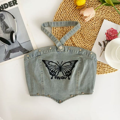 Halter Butterfly Embroidered Washed Panel Crop Denim Top mySite