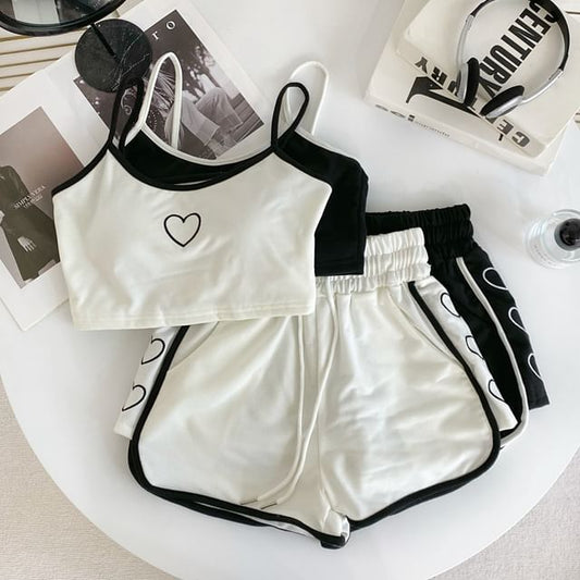 Set: Heart Embroidered Contrast Trim Crop Cami Top + Drawstring Waist Sweat Shorts mySite