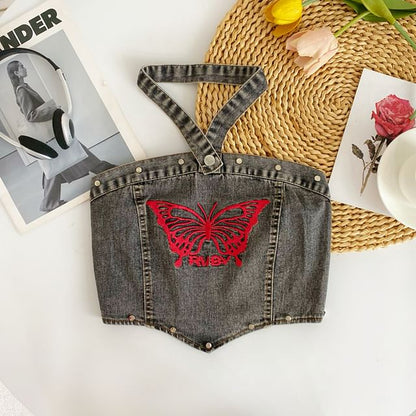 Halter Butterfly Embroidered Washed Panel Crop Denim Top mySite