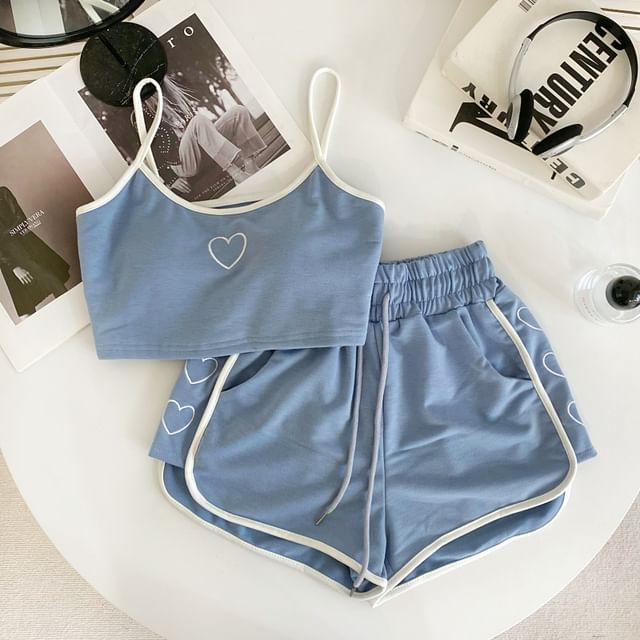 Set: Heart Embroidered Contrast Trim Crop Cami Top + Drawstring Waist Sweat Shorts mySite