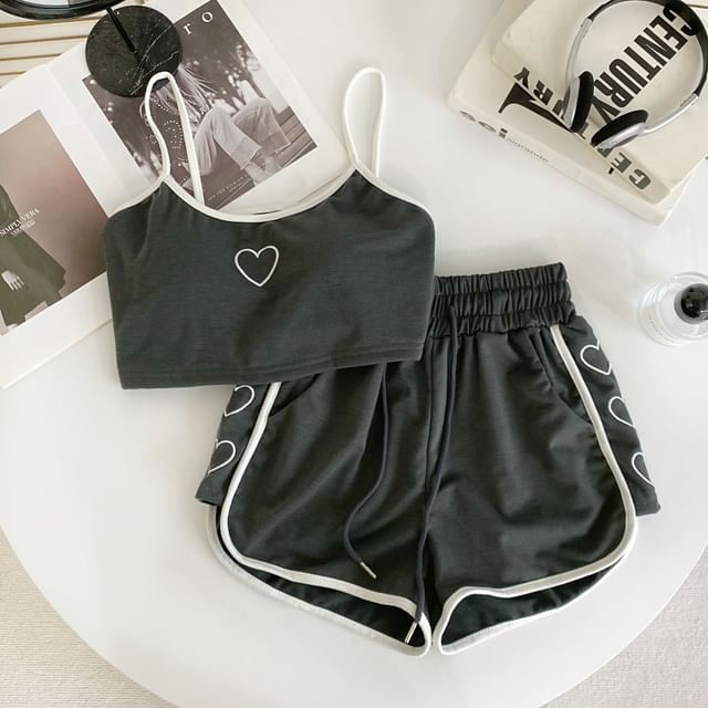 Set: Heart Embroidered Contrast Trim Crop Cami Top + Drawstring Waist Sweat Shorts mySite