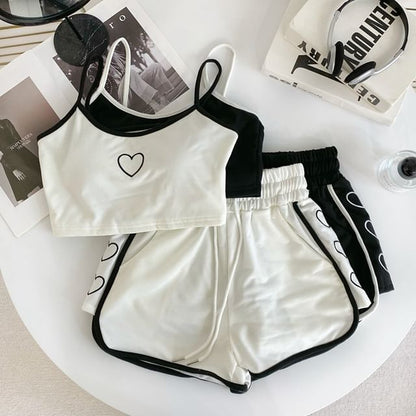 Set: Heart Embroidered Contrast Trim Crop Cami Top + Drawstring Waist Sweat Shorts mySite