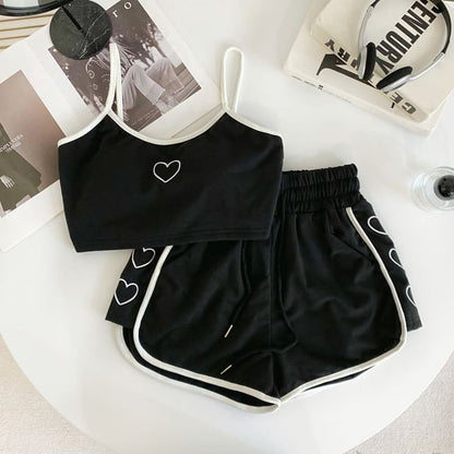 Set: Heart Embroidered Contrast Trim Crop Cami Top + Drawstring Waist Sweat Shorts mySite