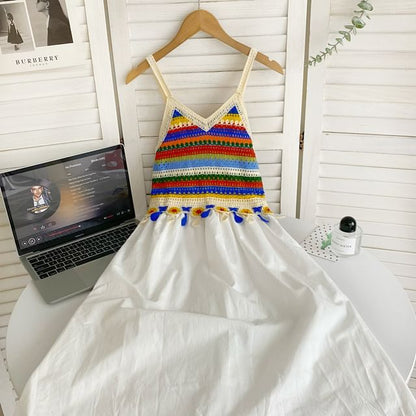 Spaghetti Strap V-Neck Striped Panel Crochet Midi A-Line Dress mySite