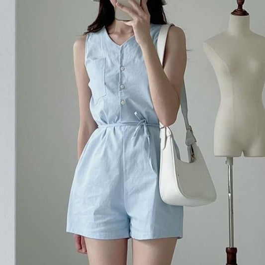 Sleeveless Button-Up Plain Romper SpreePicky