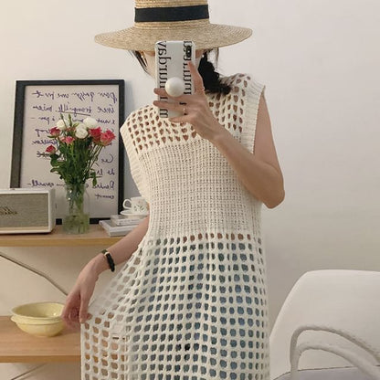 Sleeveless Perforated Plain Knit Dress SpreePicky