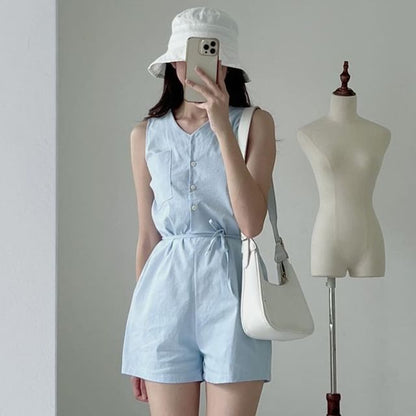 Sleeveless Button-Up Plain Romper SpreePicky