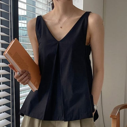 Sleeveless V-Neck Plain Flowy Blouse SpreePicky