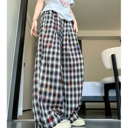 Graffiti Plaid High Rise Wide Leg Pants SpreePicky